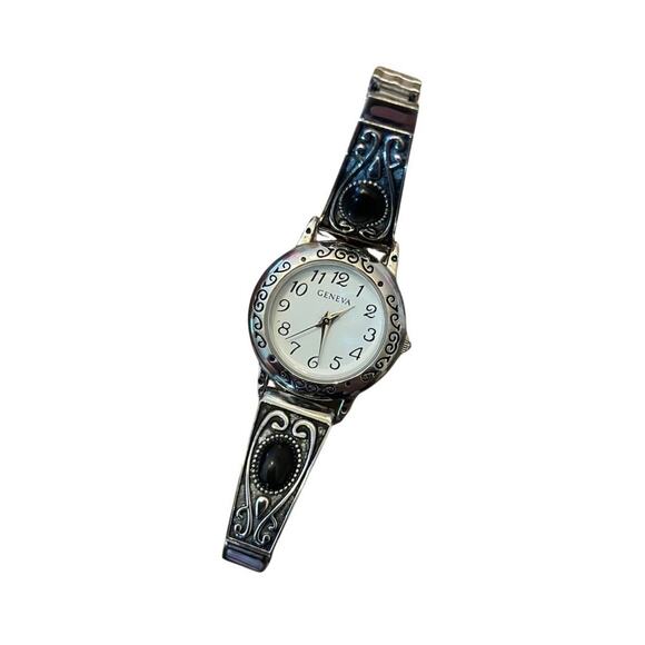 Vintage Geneva Women’s Expansion Band Watch – Silver & Black Cabochon Accents - Picture 1 of 9